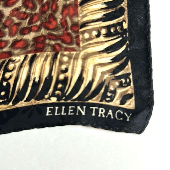 Ellen Tracy Linda Allard Silk Jacquard Cheetah Scarf Black Red Beige Vintage - Picture 10 of 12